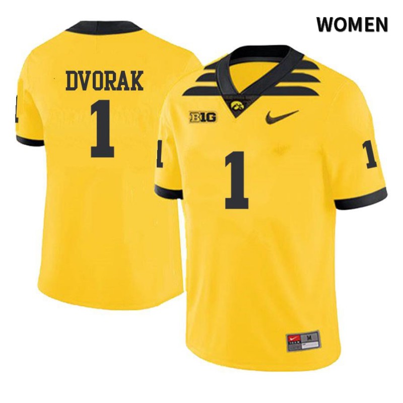 Women's Iowa Hawkeyes NCAA #1 Wes Dvorak Yellow Authentic Nike Alumni Stitched College Football Jersey IB34V06YJ